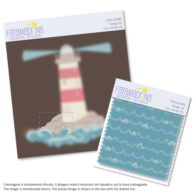 Illustration of a lighthouse and a pattern of sea waves.