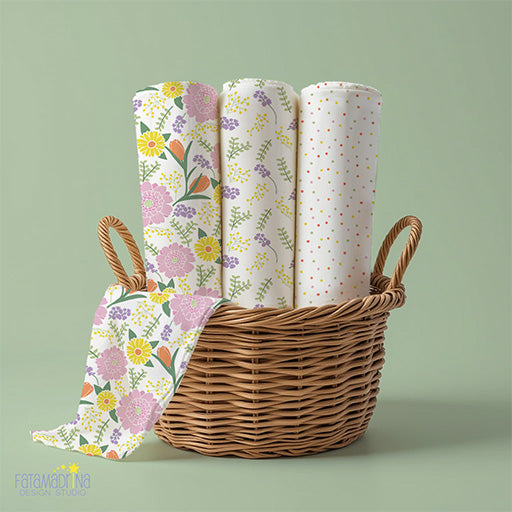 Photo mock-up of fabrics printed with coordinated patterns