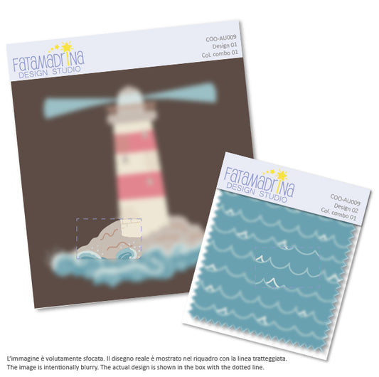 Illustration of a lighthouse and a pattern of sea waves.