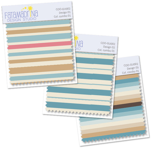 "Swatches" of the 3 patterns of item COO-GU002 col. combo 01
