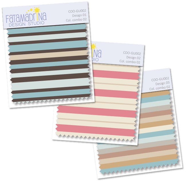 "Swatches" of the 3 patterns of item COO-GU002 col. combo 02