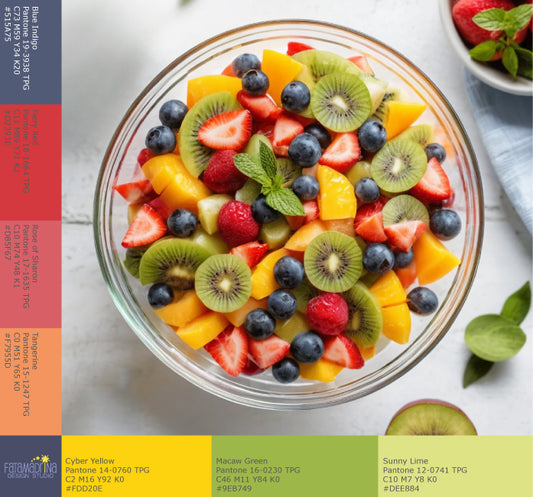 Mini moodboard with colour palette inspired by a summer fruit salad.